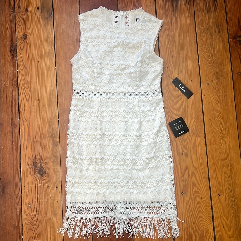 Lulu's Ivory Lace Midi Dress with Fringe Hem